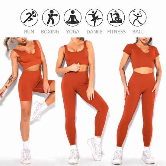 New Fancy Conjuntos de entrenamiento de 6 piezas, ropa de fitness para yoga sin costuras para mujeres, top de gimnasio sexy con pantalones cortos de motociclista de cintura alta + pantalones de yoga Ropa De Activewear