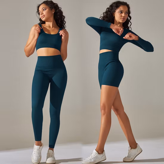 Lindo chándal de invierno negro con espalda recortada, prendas deportivas sin costuras para mujer, top de manga larga tejido con estampado de camuflaje + leggings elásticos, ropa de ejercicio